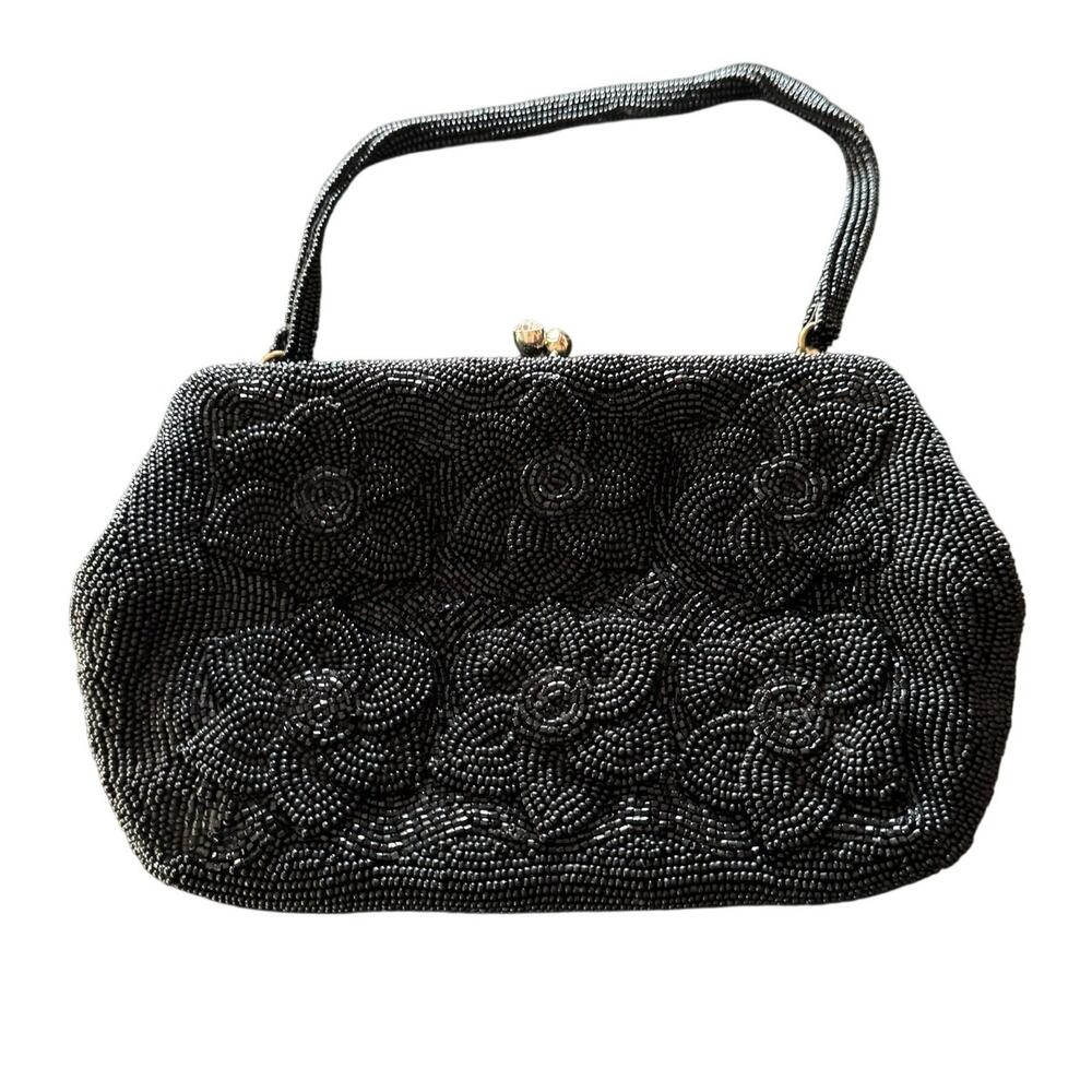 Mid Century Delill Hand Made Beaded Made in Japan Black Flower Evening Bag Purse